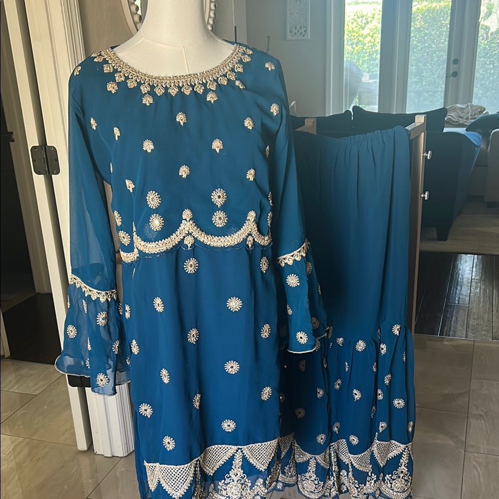 Blue Embellished Sharara and Kurta Coord Set